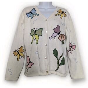 Celina Yang Designs Butterfly Embroidered Floral Sweater Cardigan Sequin Sz L
